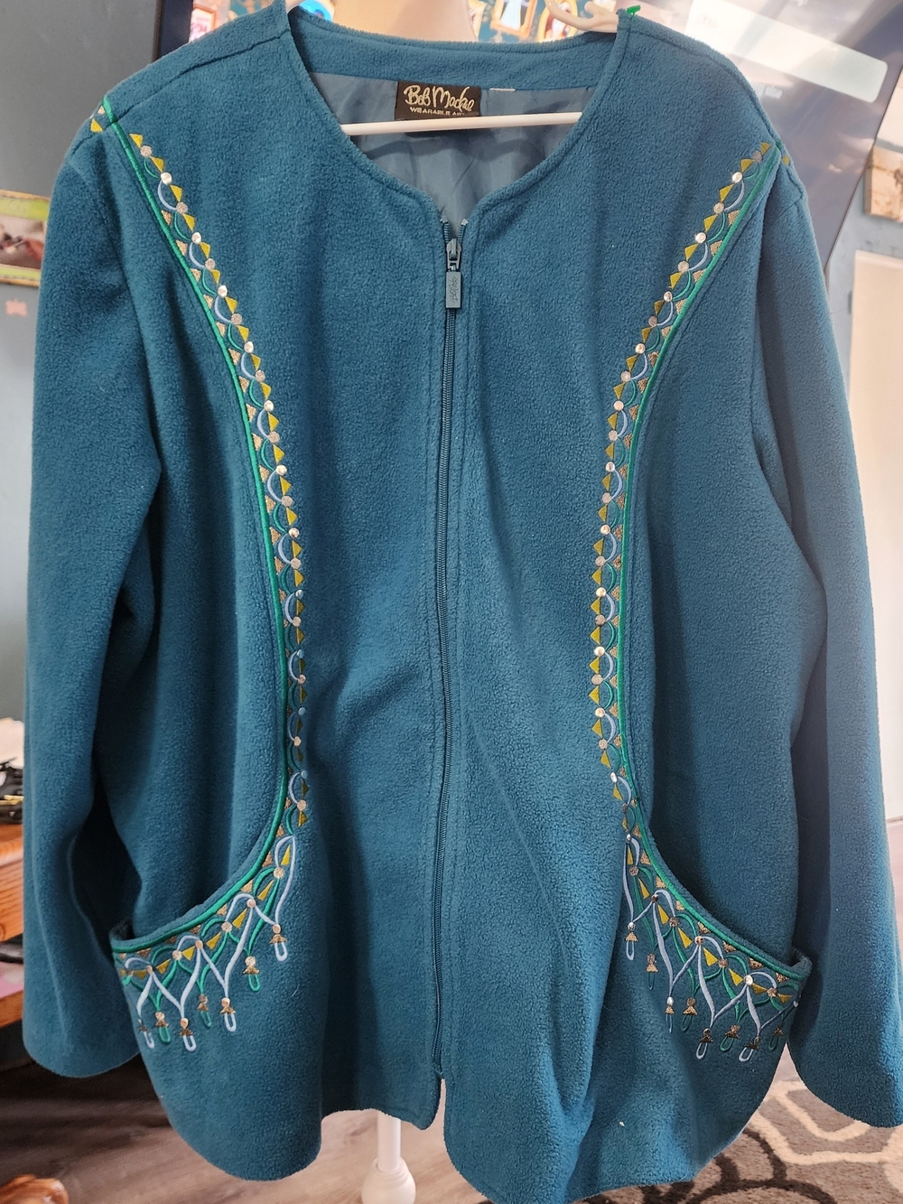 Bob Mackie Teal Embroidered Fleece Jacket Sz 2X? 3X? Roomy